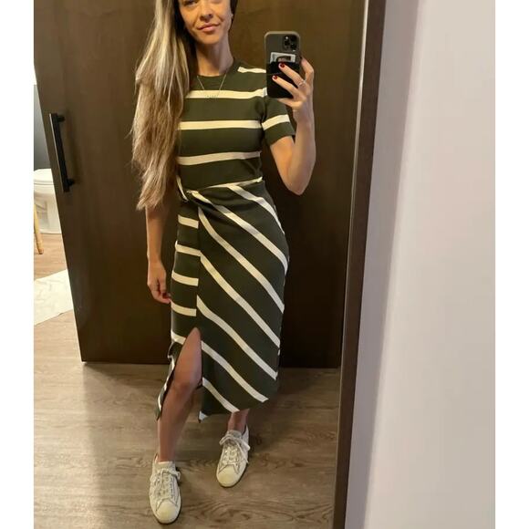 Tanya Taylor Olive Striped Dress LARGE Cotton Knit Work Career Designer $355 - Picture 4 of 13